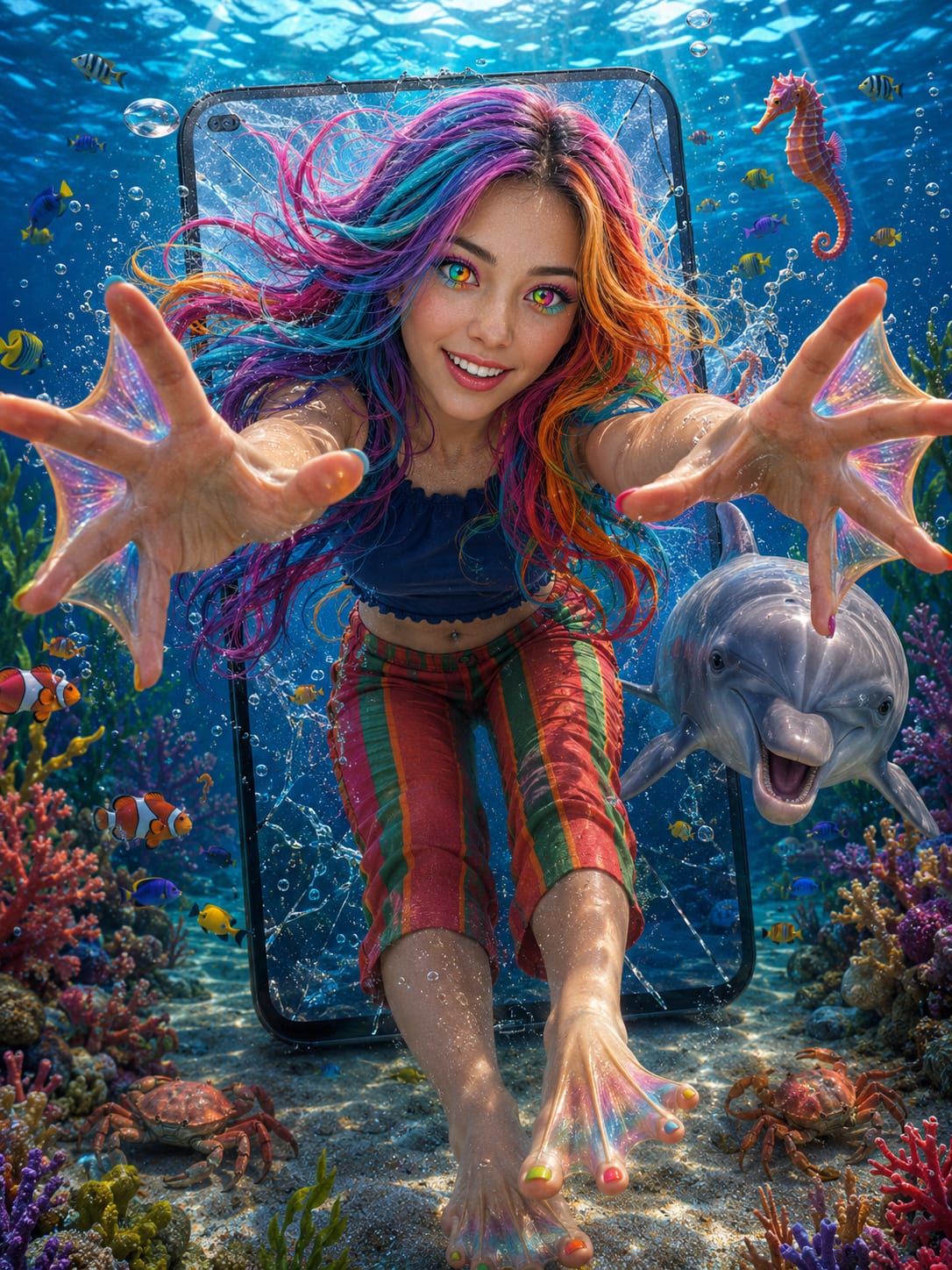 Portada de «Abril Evans, ¿humana o sirena?»: una joven de pelo multicolor emerge de una pantalla bajo el mar, rodeada de peces y corales